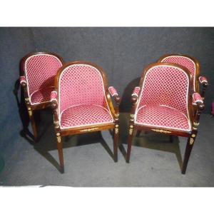 Series Of Empire Period Officer Armchair In Mahogany And Gilt Bronze