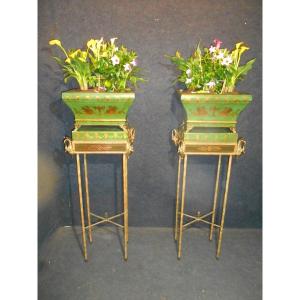 Pair Of Empire Style Lacquered Wood And Gilt Bronze Planters With Gooseneck