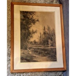 19th Century Charcoal Drawing Bords De Loir By Karl Robert (1848-1899)