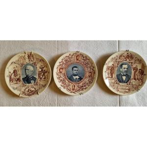 Three Commemorative Souvenir Plates Sarreguemines "famous Men" 