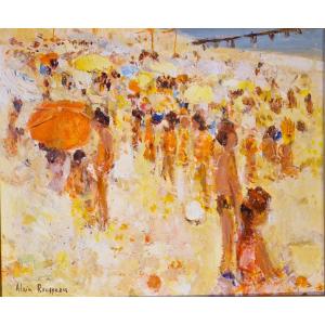 Beach With A Red Parasol By Alain Rousseau (1926-2007)