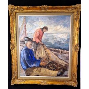 Lucienne Bosquet (1910-1990) – "fishermen And Fishing Nets" – Oil