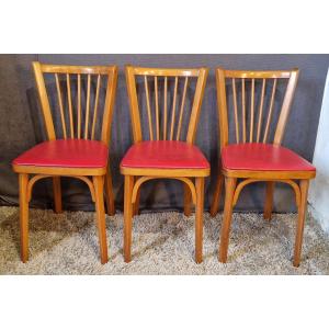 3 Baumann No. 53 "fan" Chairs From 1959, Red Imitation Leather 