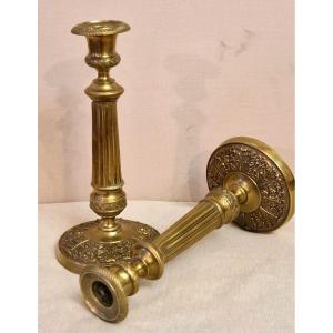 Pair Of Restoration-style Brass Torch-style Candlesticks, 20th Century