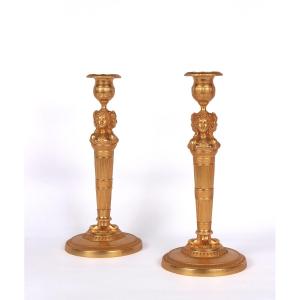 A Pair Of Ormolu Empire Candlesticks, Paris -  Circa 1815