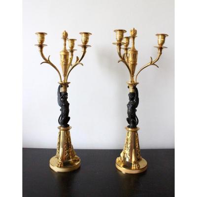 A Pair Of Consulat Period Gilt Bronze And Patinated Candelabra.