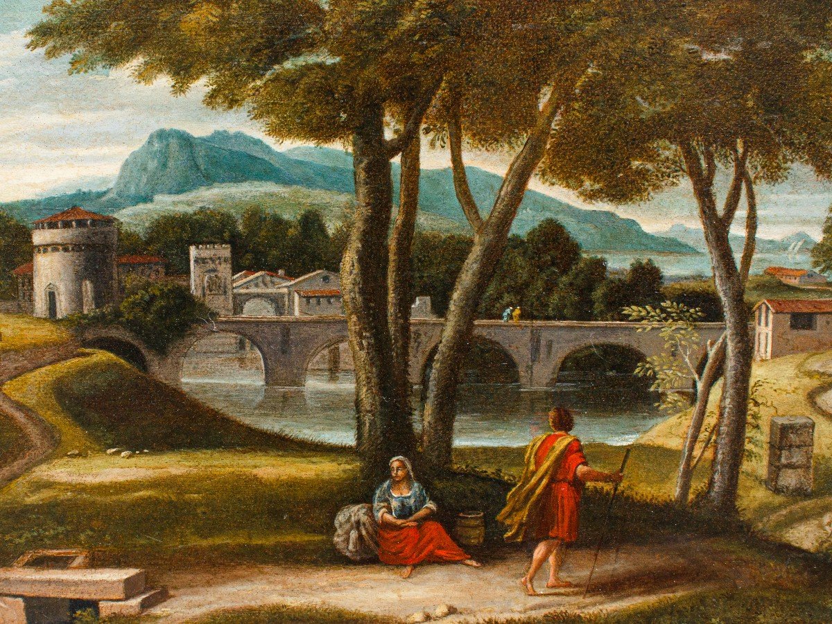 XVII secolo, Scuola romana,  Paesaggio con ponte – Cristo e la Samaritana al pozzo-photo-2