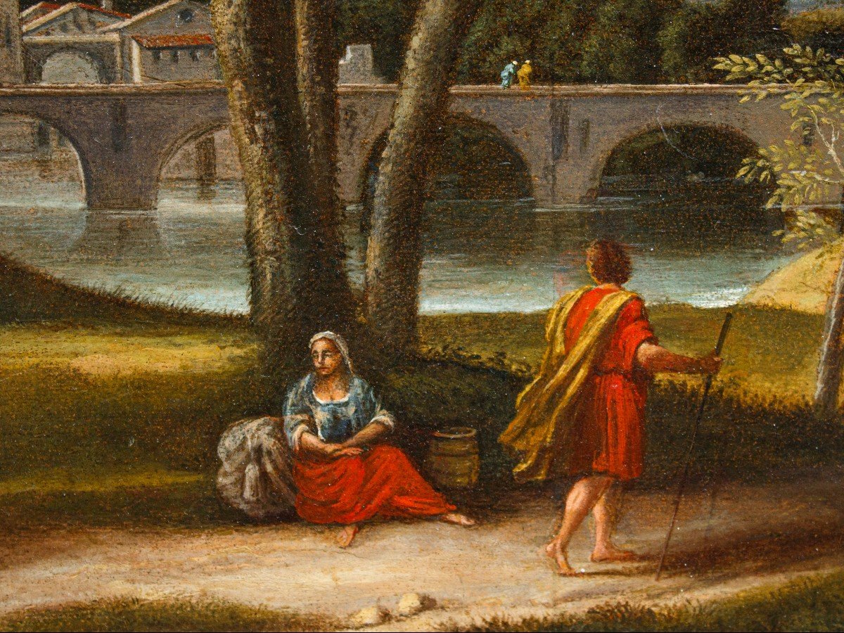 XVII secolo, Scuola romana,  Paesaggio con ponte – Cristo e la Samaritana al pozzo-photo-3