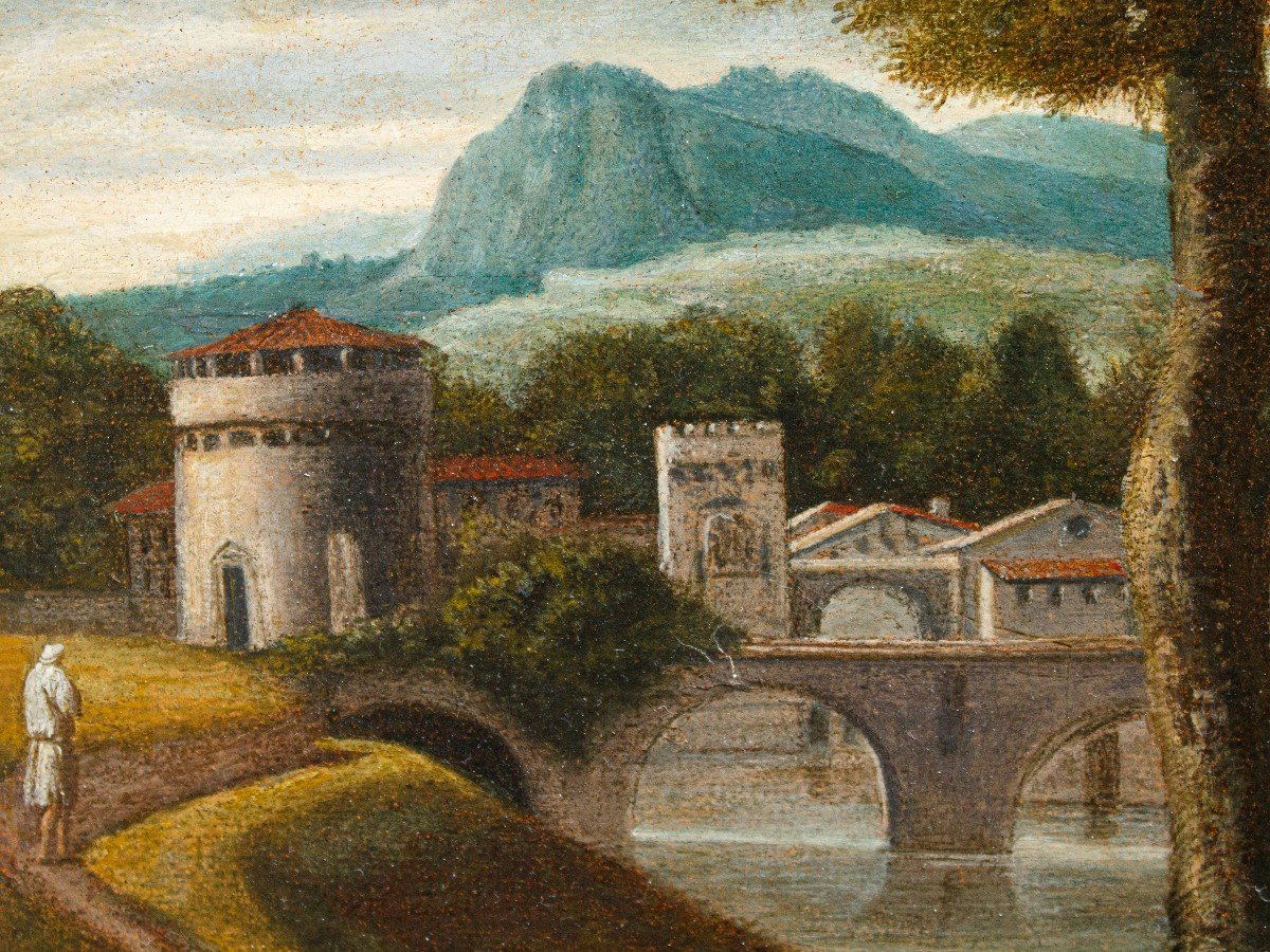 XVII secolo, Scuola romana,  Paesaggio con ponte – Cristo e la Samaritana al pozzo-photo-4
