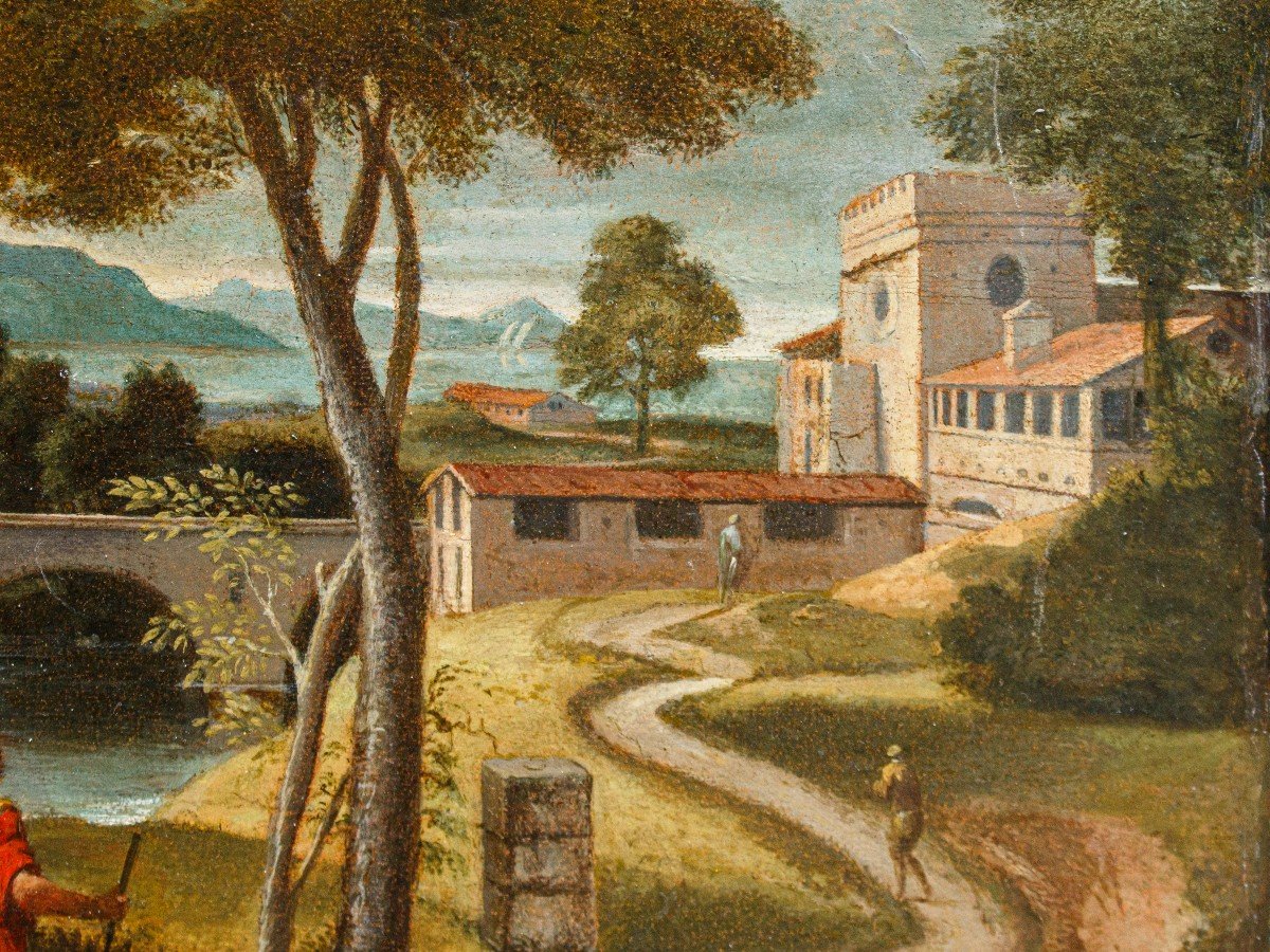XVII secolo, Scuola romana,  Paesaggio con ponte – Cristo e la Samaritana al pozzo-photo-1