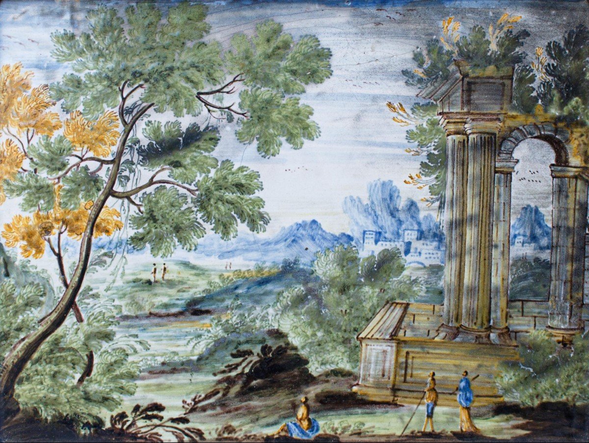 Prima metà del XVIII secolo, Mattonella Castelli  Paesaggio con architetture e figure-photo-2