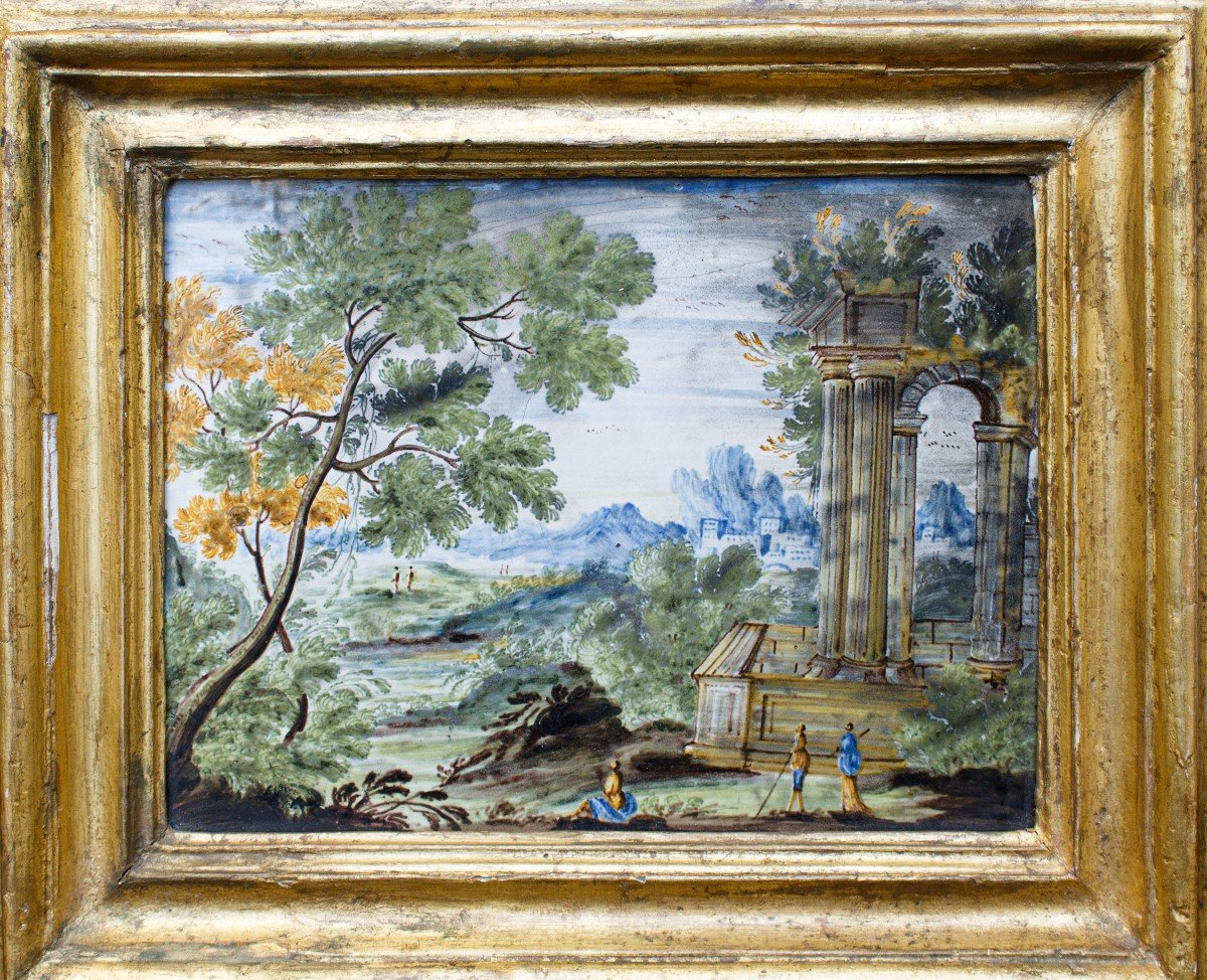 Prima metà del XVIII secolo, Mattonella Castelli  Paesaggio con architetture e figure
