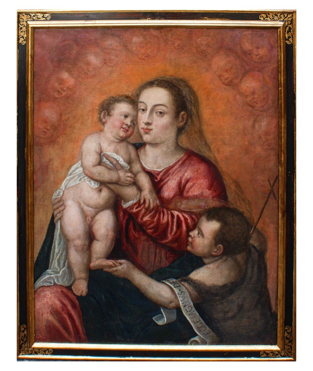 Scuola di Tiziano, (Pieve di Cadore, 1488/1490 – Venezia, 1576) Madonna con Bambino e San Giova