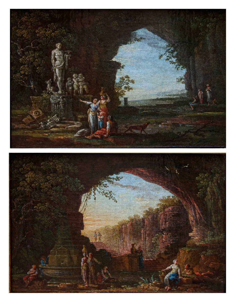 Scuola romana, XVII secolo, Coppia di paesaggi con rovine antiche e personaggi-photo-2