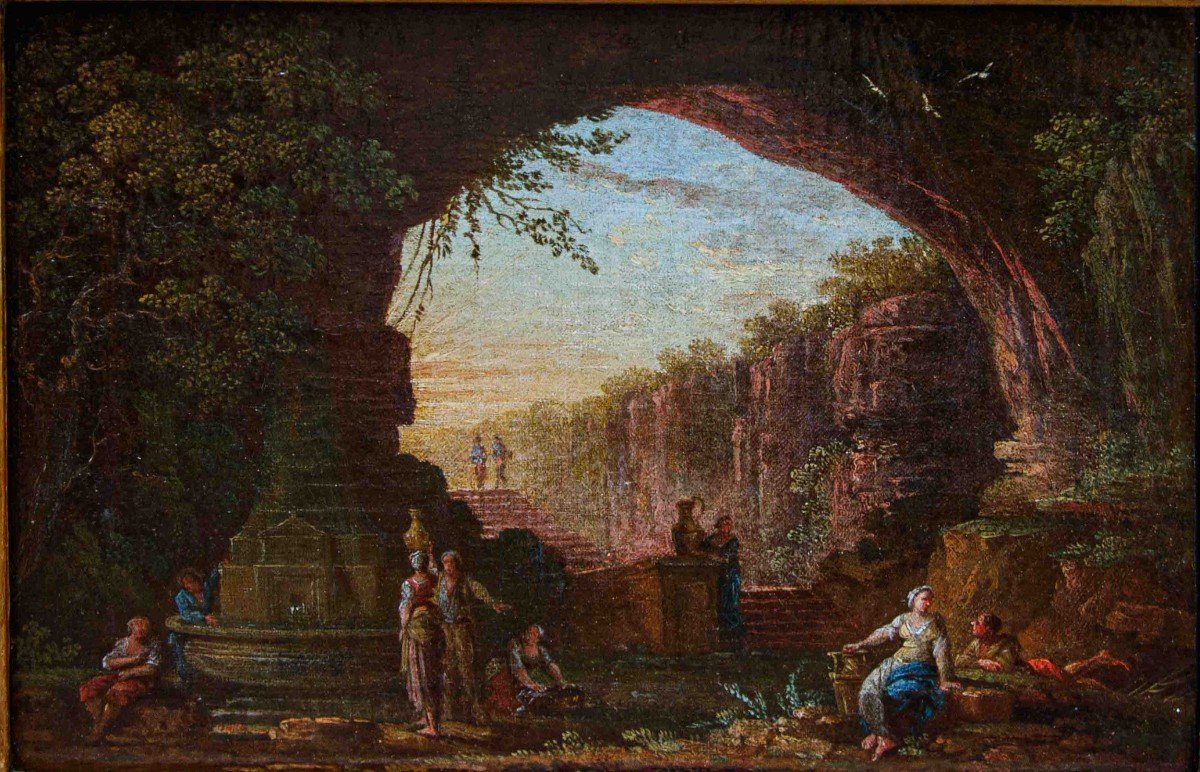 Scuola romana, XVII secolo, Coppia di paesaggi con rovine antiche e personaggi-photo-3