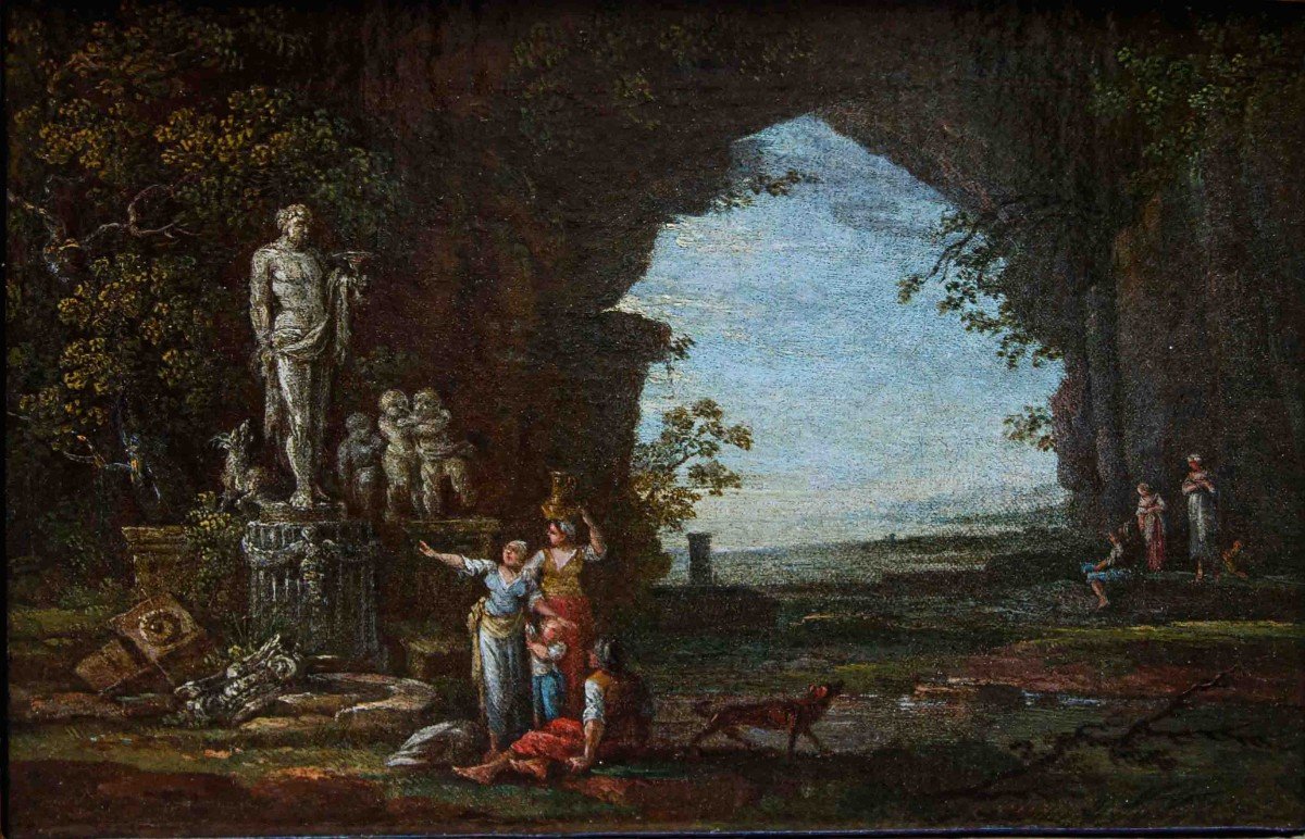 Scuola romana, XVII secolo, Coppia di paesaggi con rovine antiche e personaggi-photo-4