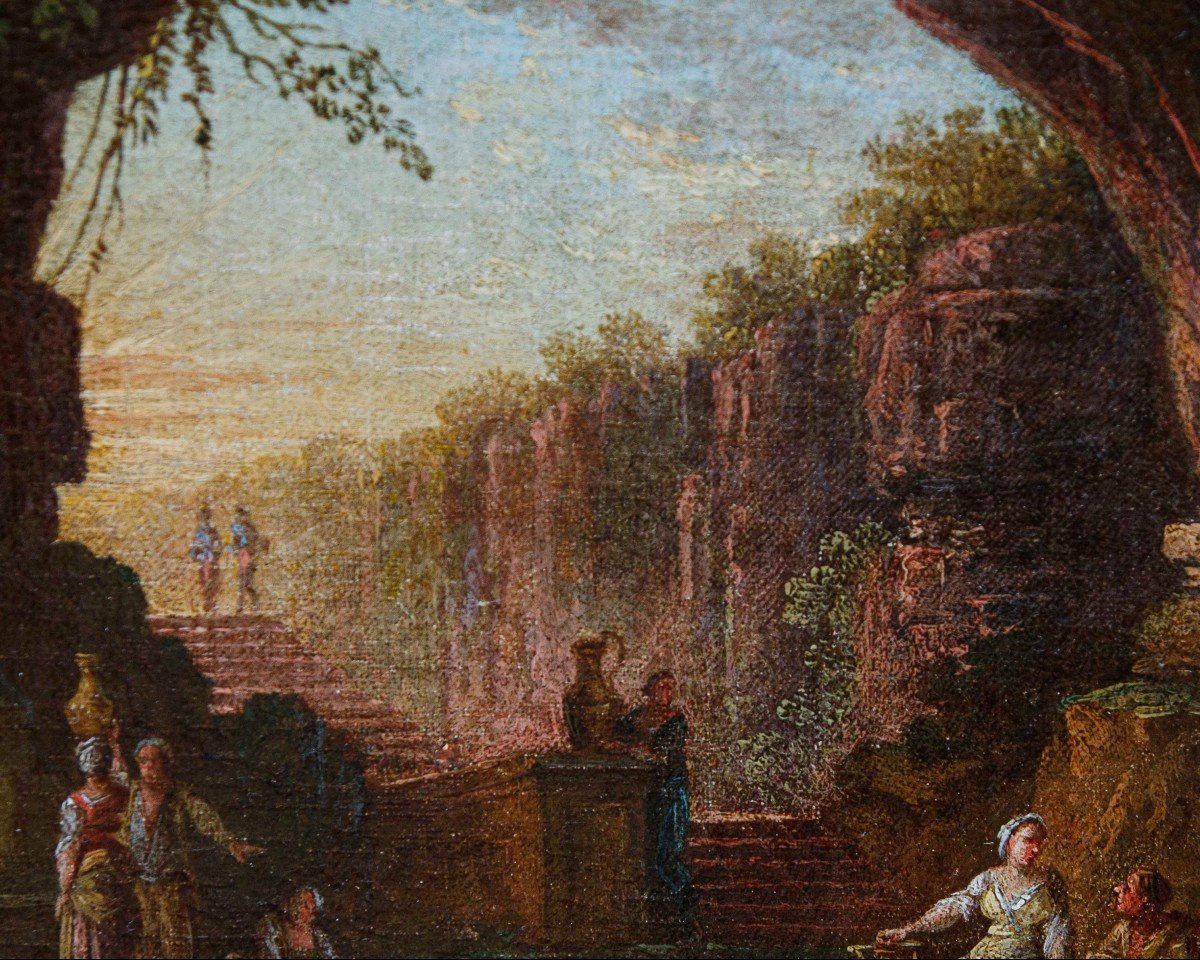 Scuola romana, XVII secolo, Coppia di paesaggi con rovine antiche e personaggi-photo-1