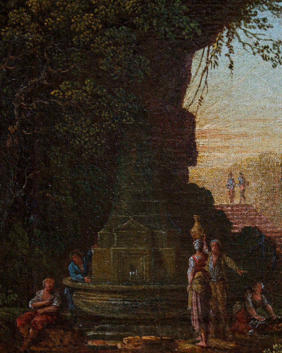 Scuola romana, XVII secolo, Coppia di paesaggi con rovine antiche e personaggi-photo-3