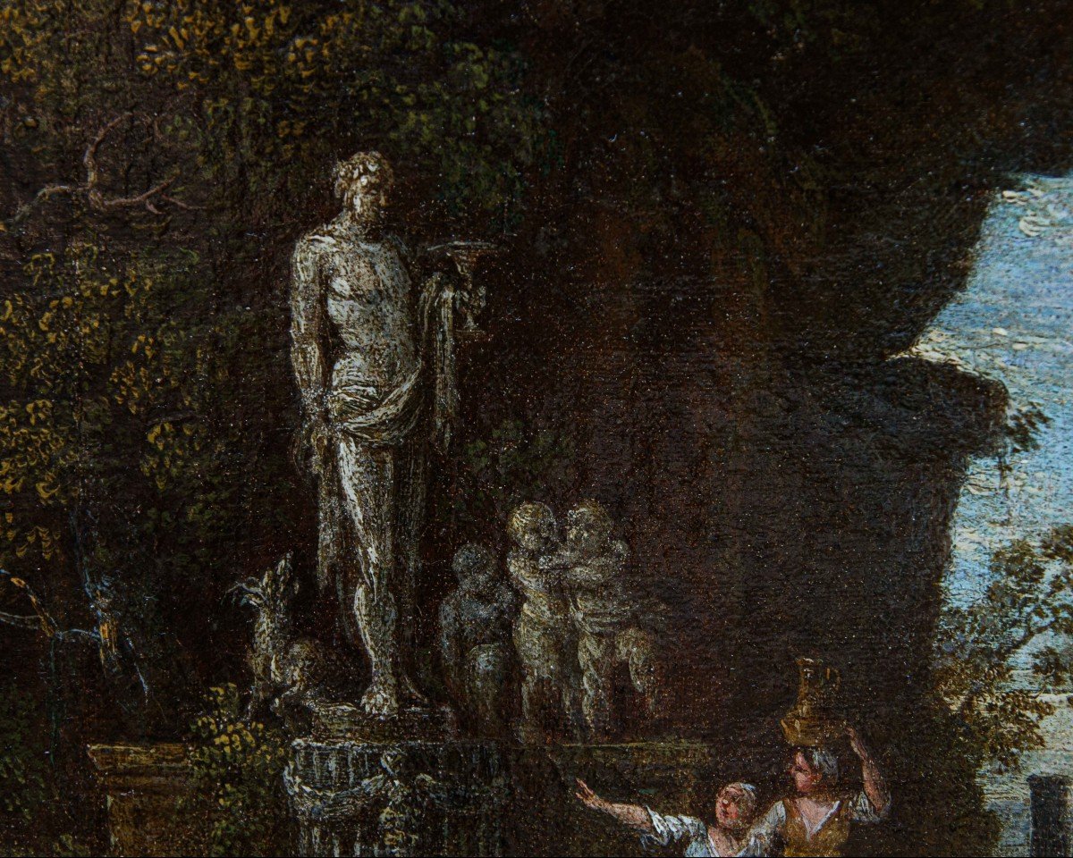 Scuola romana, XVII secolo, Coppia di paesaggi con rovine antiche e personaggi-photo-5