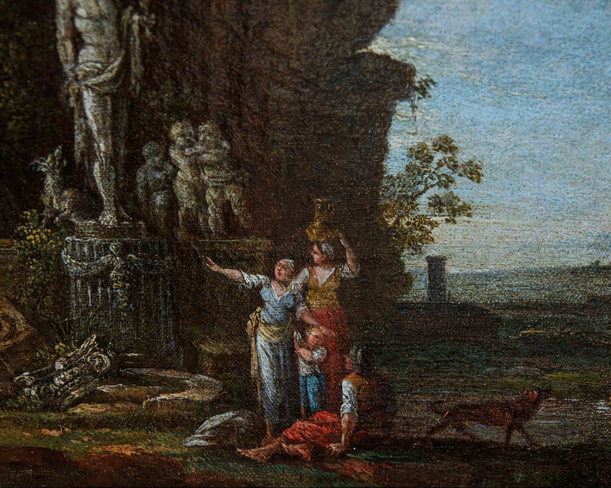 Scuola romana, XVII secolo, Coppia di paesaggi con rovine antiche e personaggi-photo-6