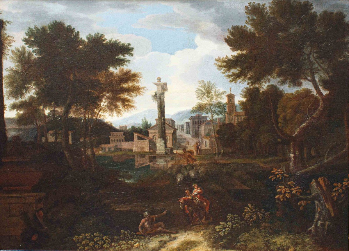 Pittore francese a Roma, XVII secolo, Paesaggio con Fuga in Egitto-photo-3