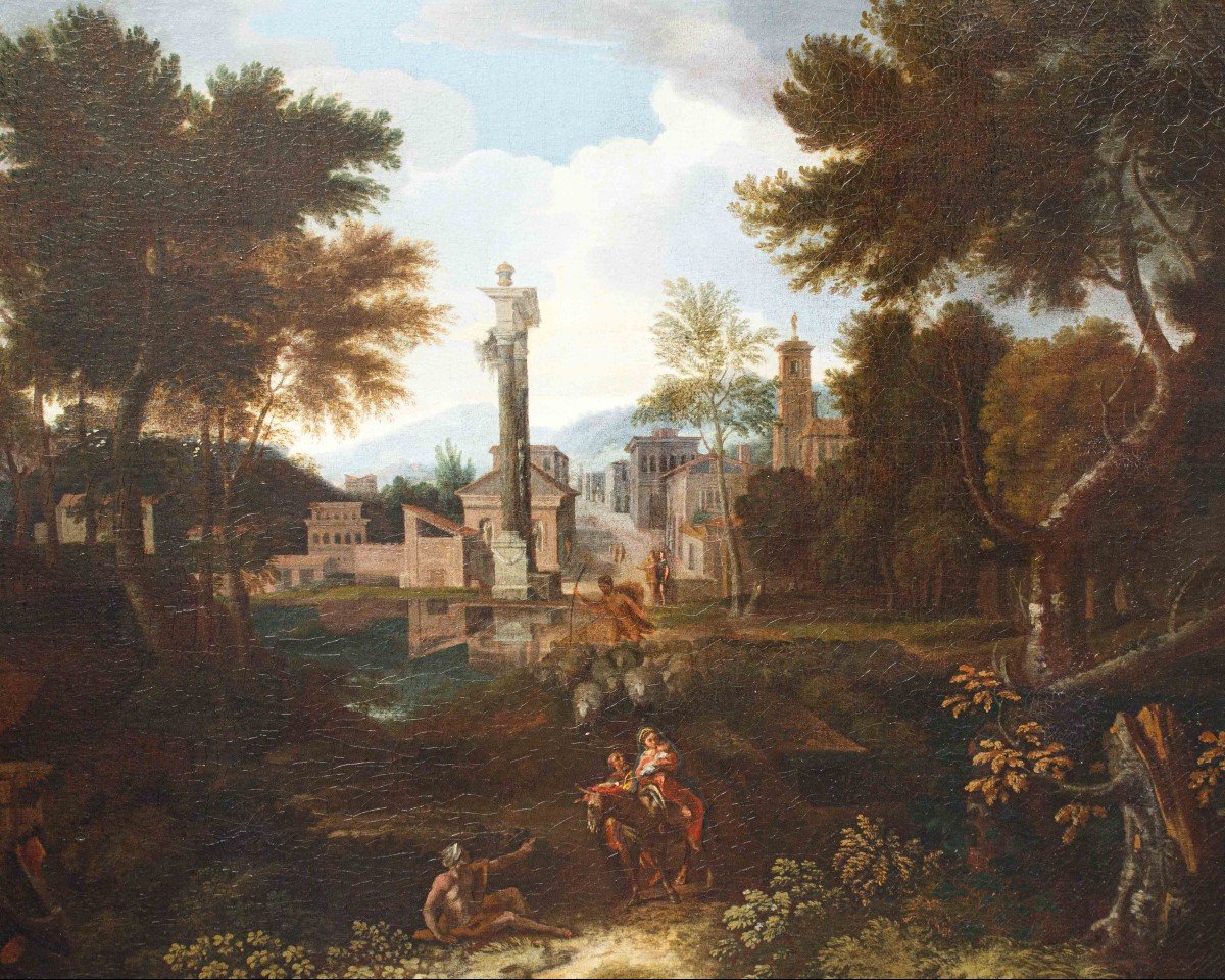 Pittore francese a Roma, XVII secolo, Paesaggio con Fuga in Egitto-photo-4
