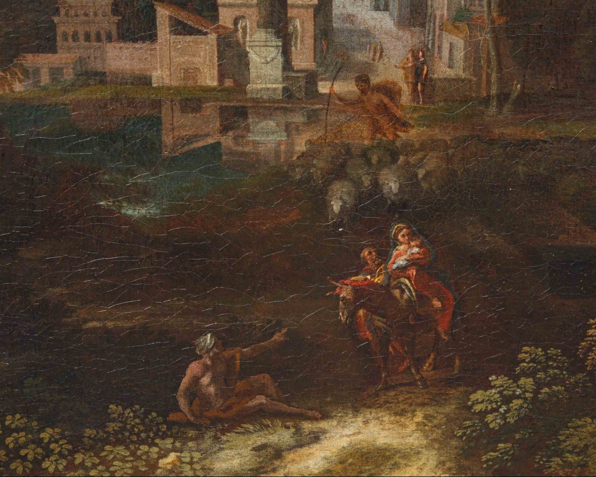 Pittore francese a Roma, XVII secolo, Paesaggio con Fuga in Egitto-photo-2