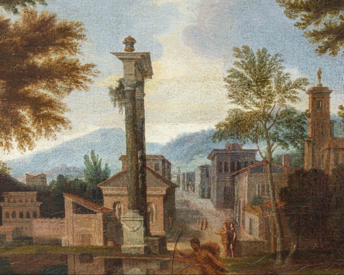 Pittore francese a Roma, XVII secolo, Paesaggio con Fuga in Egitto-photo-3