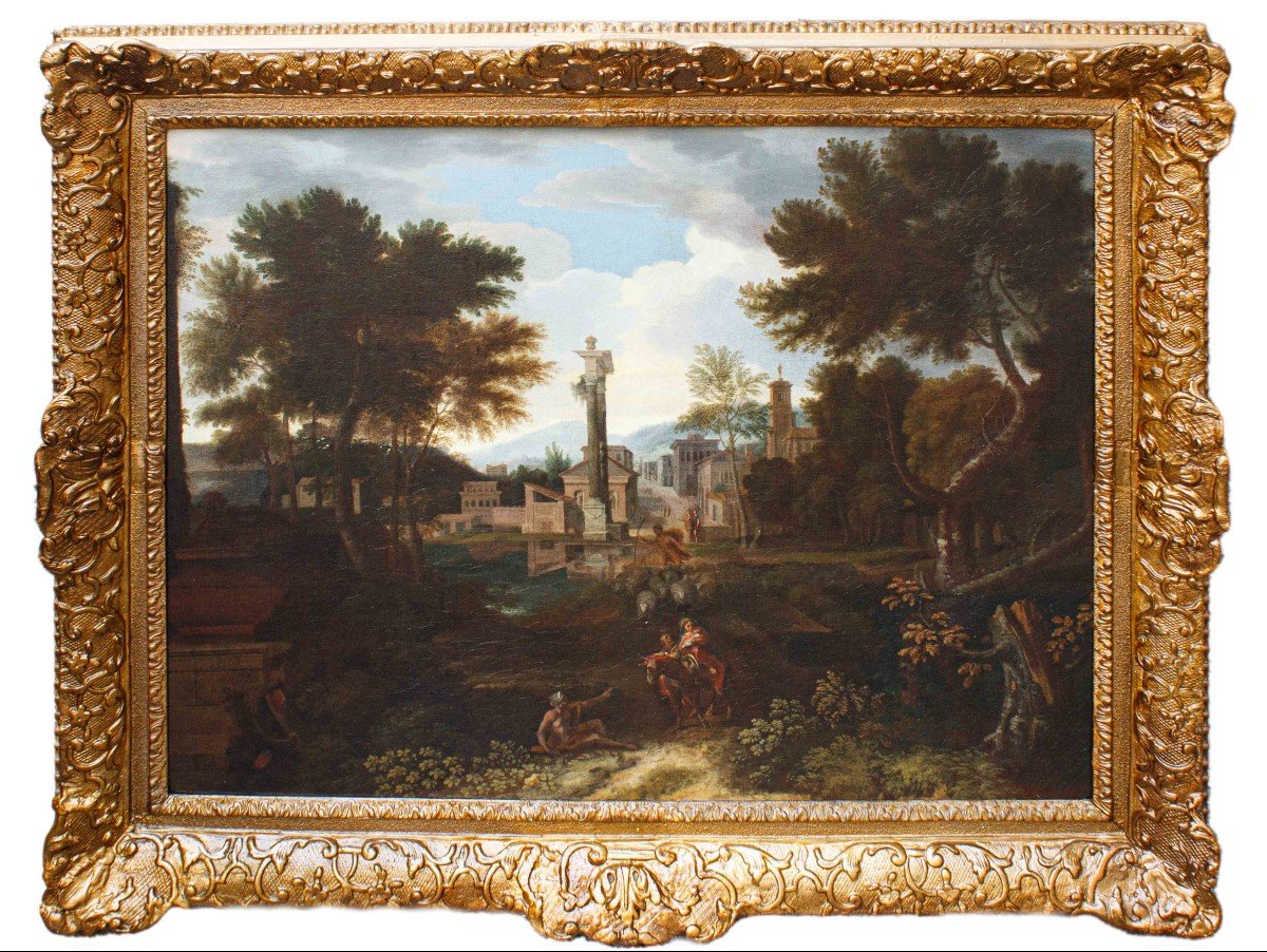 Pittore francese a Roma, XVII secolo, Paesaggio con Fuga in Egitto