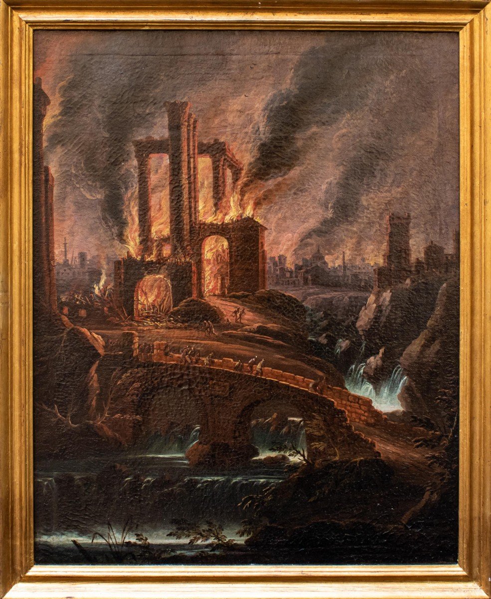 Giovanni Grevenbroeck, detto il Solfarolo (1650 –post 1699), Scena di incendio con rovina