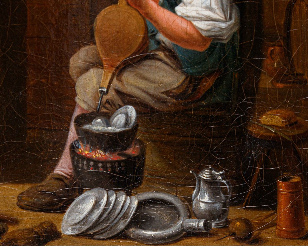Cerchia di David Teniers (Anversa, 1610 – Bruxelles, 1690), Interno con figure di popolani-photo-4
