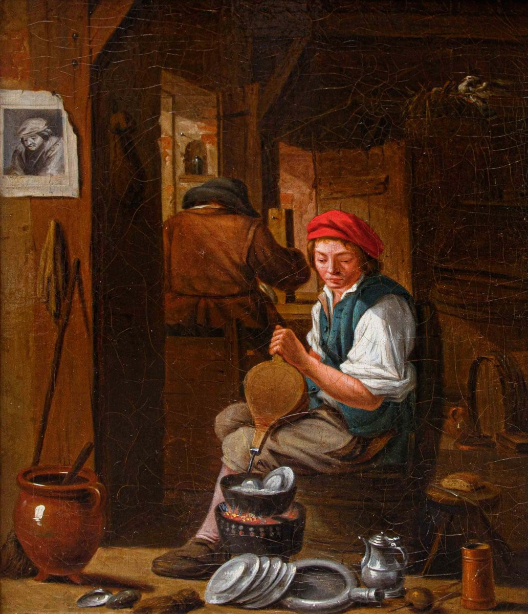 Cerchia di David Teniers (Anversa, 1610 – Bruxelles, 1690), Interno con figure di popolani-photo-7