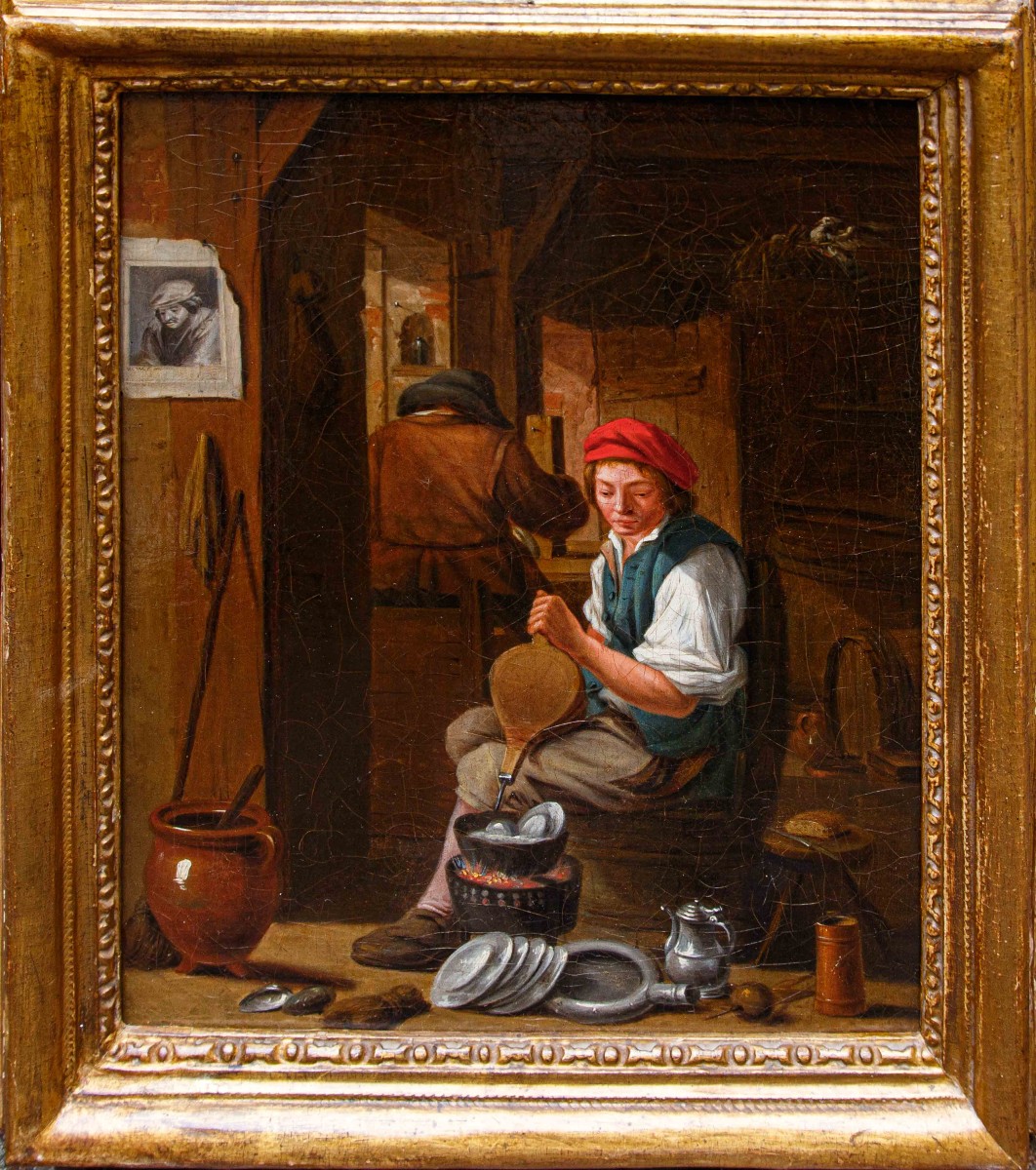 Cerchia di David Teniers (Anversa, 1610 – Bruxelles, 1690), Interno con figure di popolani