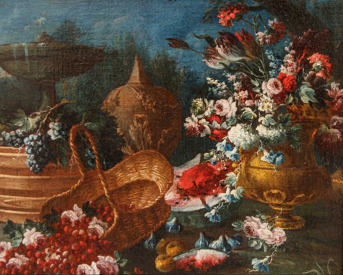 Gaspare Lopez (Napoli, 1650 ca. - Firenze, 1732), Natura morta con fiori, piatto e otre-photo-2