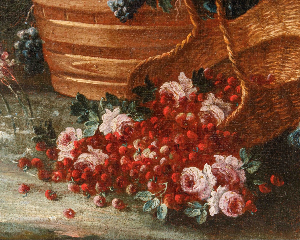 Gaspare Lopez (Napoli, 1650 ca. - Firenze, 1732), Natura morta con fiori, piatto e otre-photo-4