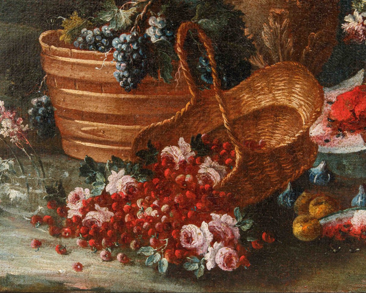Gaspare Lopez (Napoli, 1650 ca. - Firenze, 1732), Natura morta con fiori, piatto e otre-photo-3