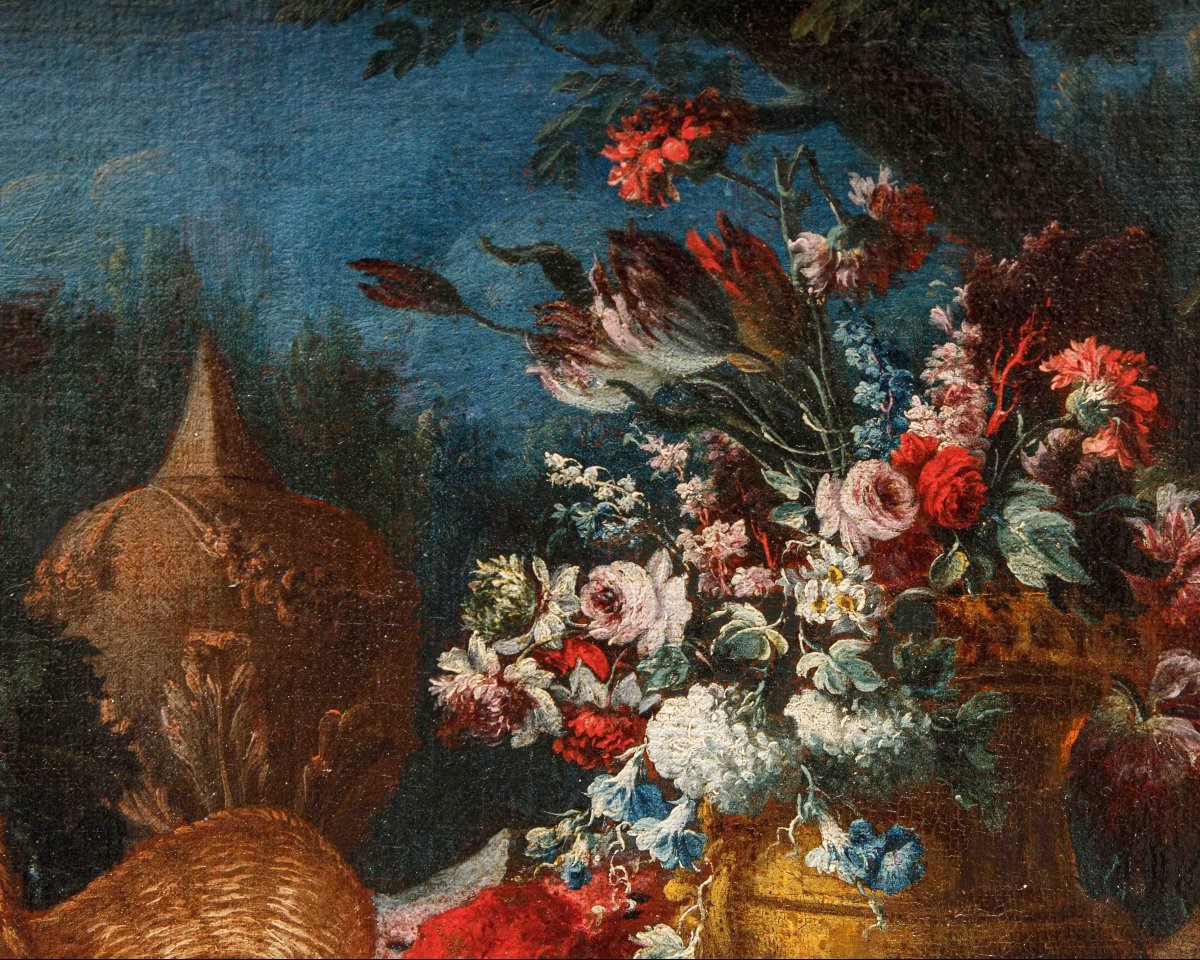 Gaspare Lopez (Napoli, 1650 ca. - Firenze, 1732), Natura morta con fiori, piatto e otre-photo-4