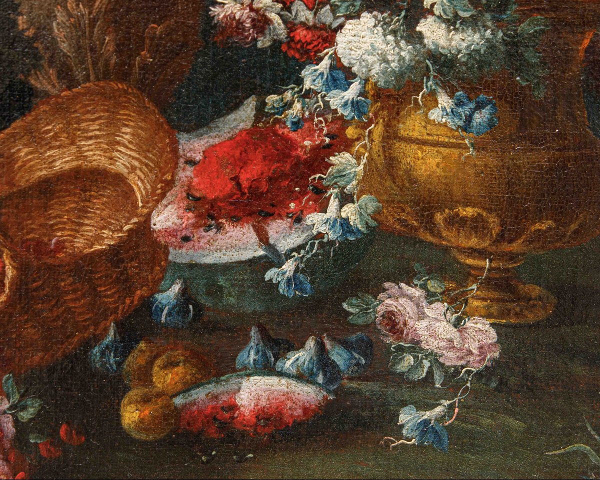 Gaspare Lopez (Napoli, 1650 ca. - Firenze, 1732), Natura morta con fiori, piatto e otre-photo-5