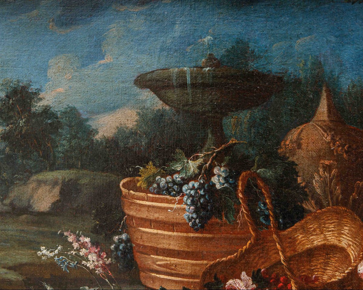 Gaspare Lopez (Napoli, 1650 ca. - Firenze, 1732), Natura morta con fiori, piatto e otre-photo-6