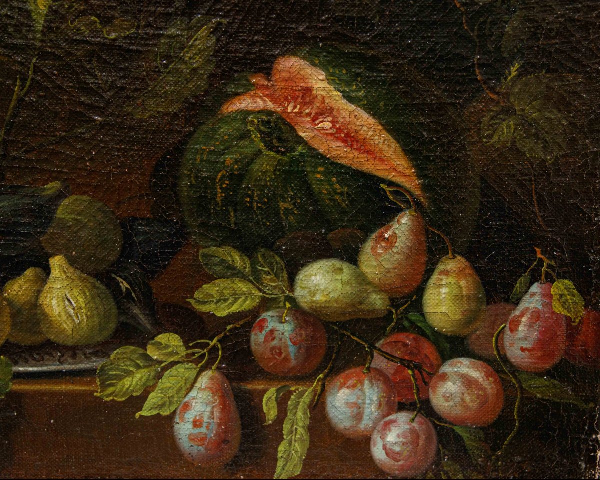 Scuola romana, XVII secolo, Natura morta con zucca, pere e fichi-photo-2