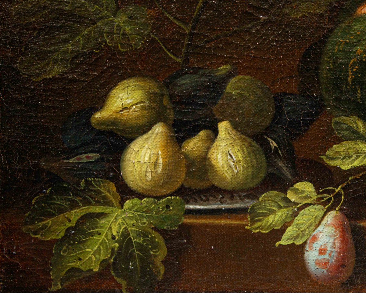 Scuola romana, XVII secolo, Natura morta con zucca, pere e fichi-photo-3