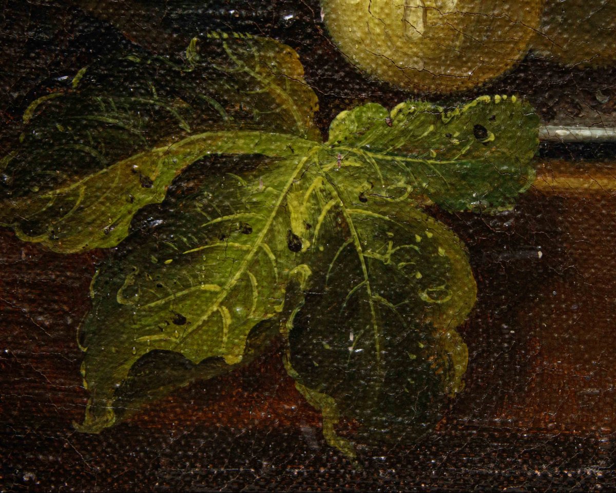 Scuola romana, XVII secolo, Natura morta con zucca, pere e fichi-photo-4