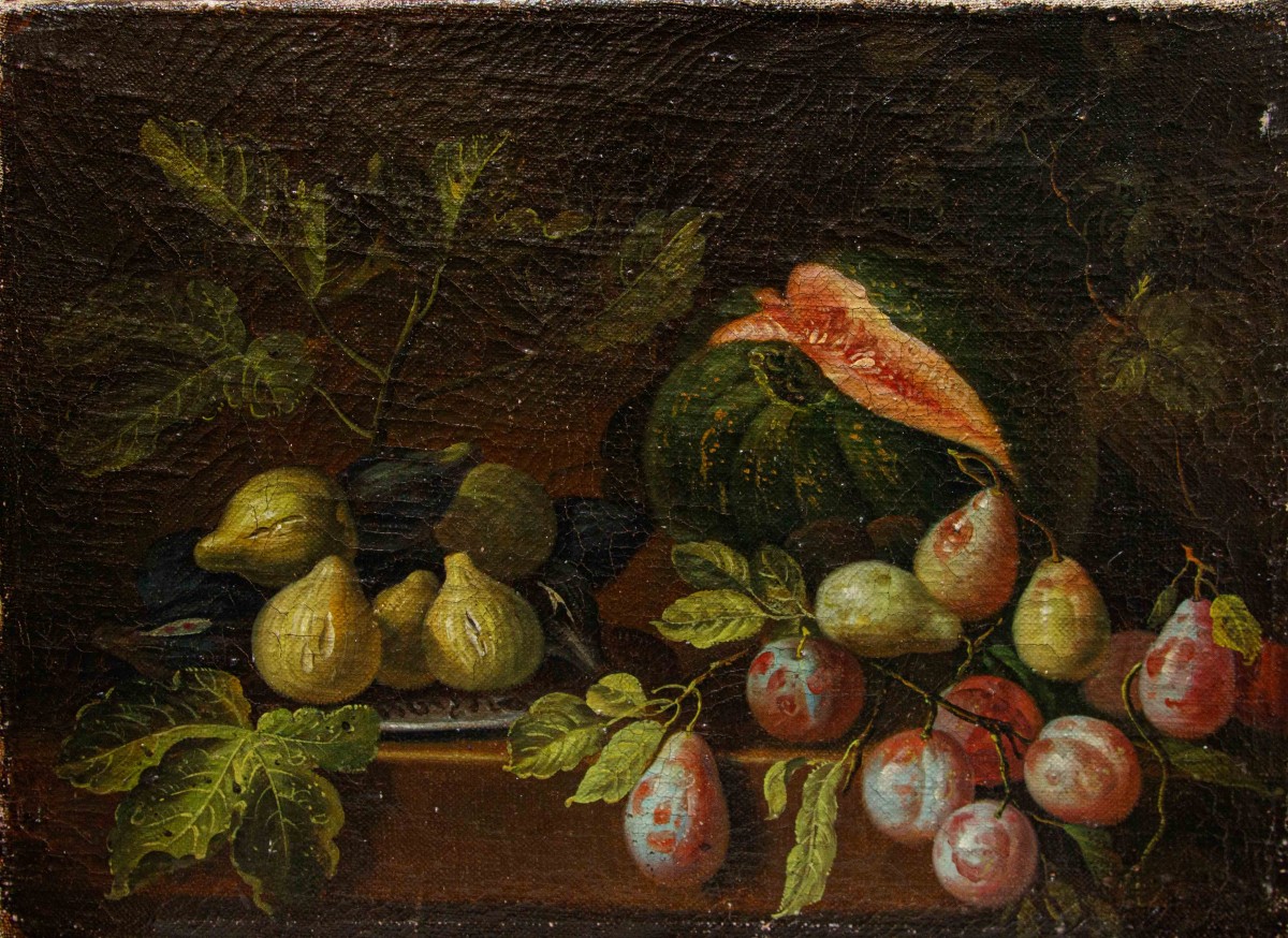 Scuola romana, XVII secolo, Natura morta con zucca, pere e fichi