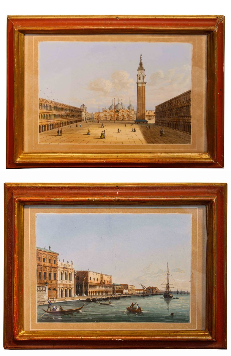 Scuola veneta, XIX secolo, Veduta di Piazza San Marco – Veduta del Bacino di San Marco
