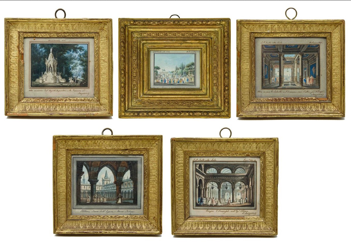 Alessandro Sanquirico (Milano, 1777- 1849), Quattro scene teatrali e una veduta di Milano