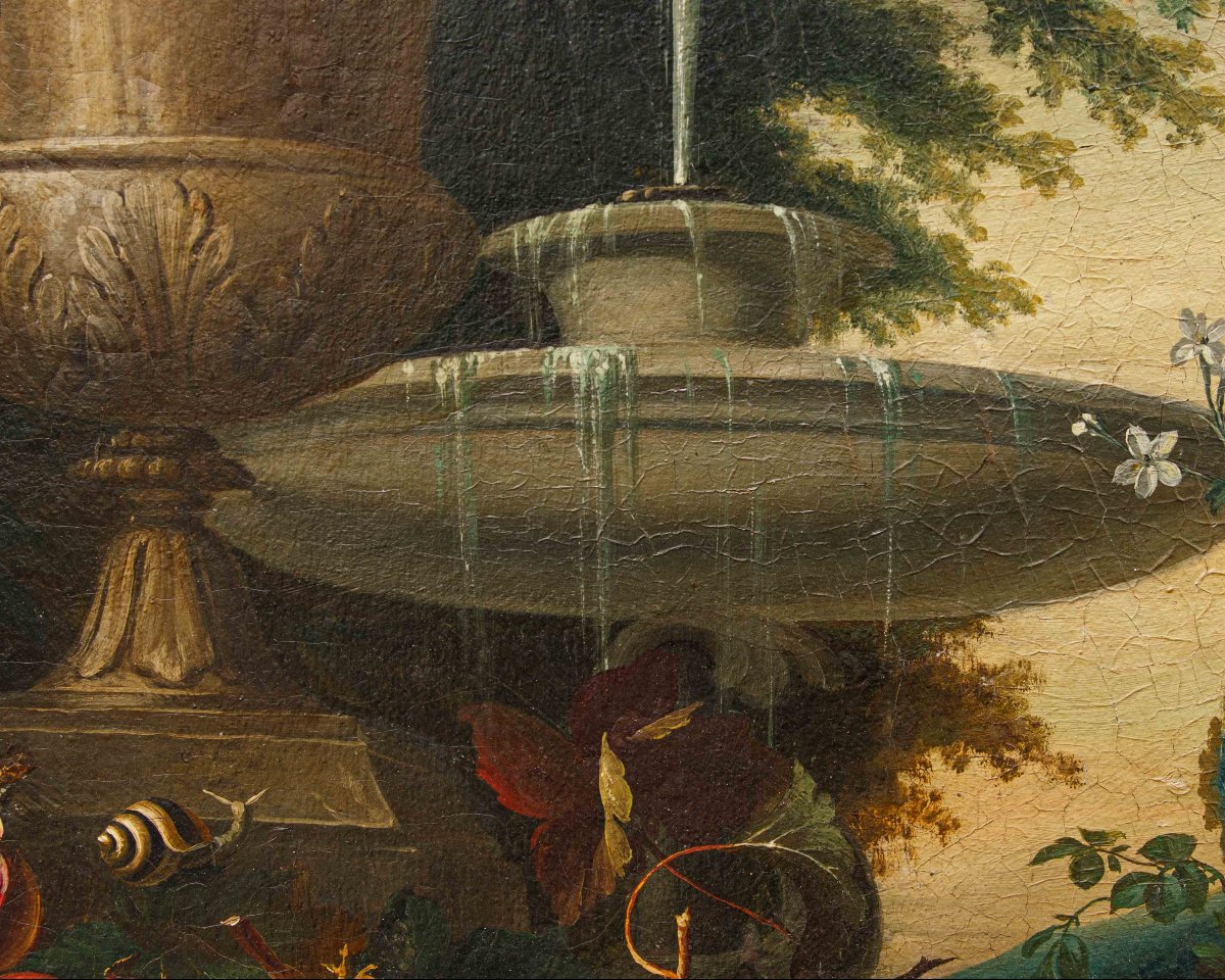 Scuola lombarda, XIX secolo, Composizione di fiori, frutta e fontana-photo-3