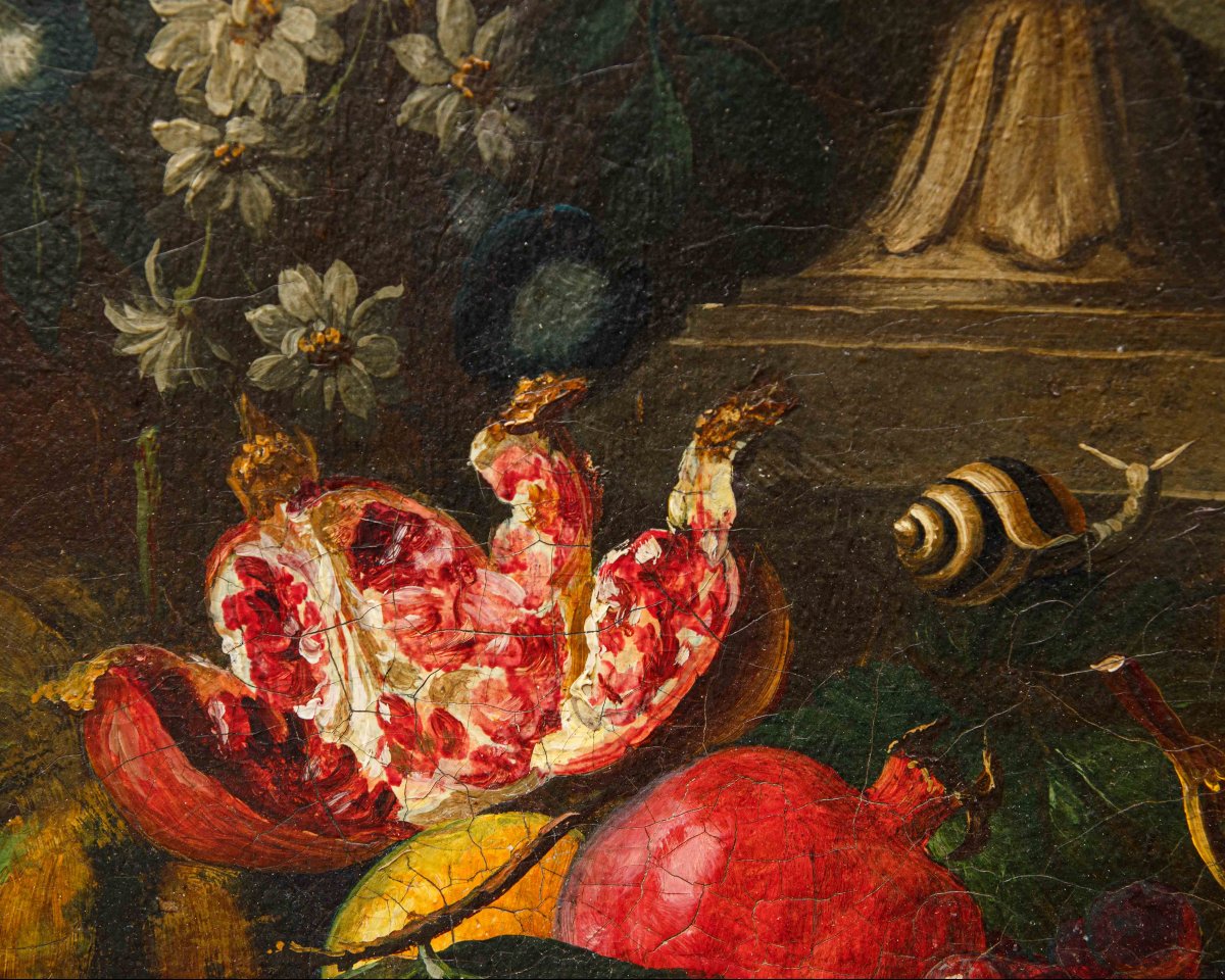 Scuola lombarda, XIX secolo, Composizione di fiori, frutta e fontana-photo-1