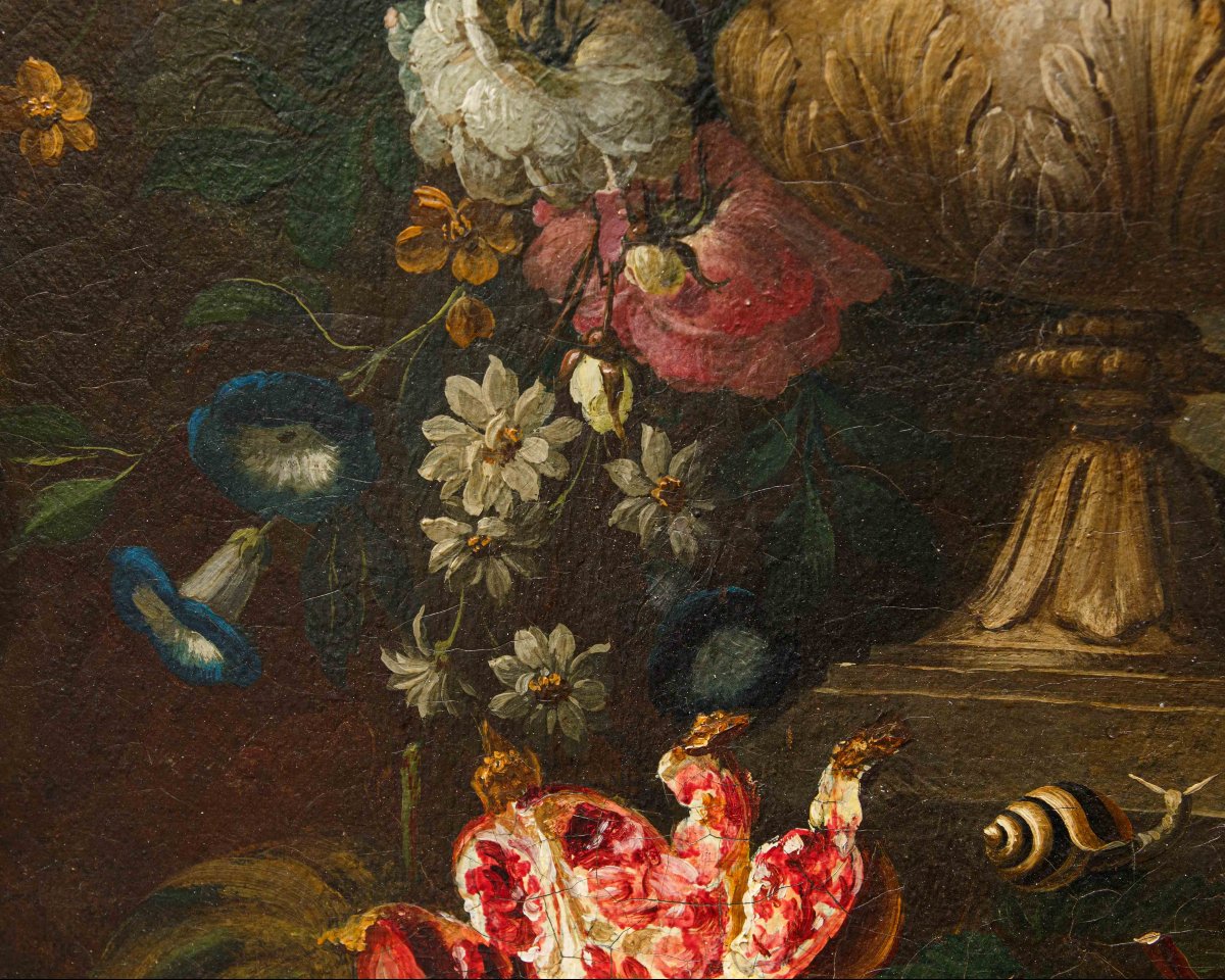 Scuola lombarda, XIX secolo, Composizione di fiori, frutta e fontana-photo-2