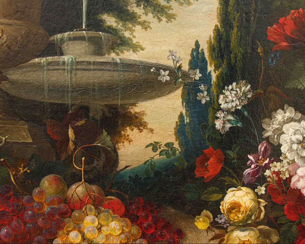 Scuola lombarda, XIX secolo, Composizione di fiori, frutta e fontana-photo-3