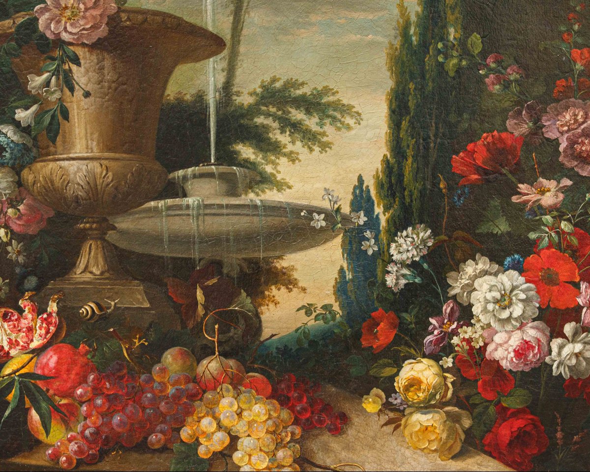 Scuola lombarda, XIX secolo, Composizione di fiori, frutta e fontana-photo-7